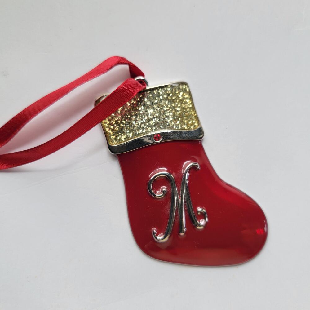Harvey Lewis Bauble Christmas Ornament Small Red Enamel Stocking Monogram M